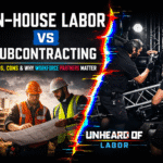 Construction managers reviewing blueprints beside event production crew building a stage with neon glitch divide representing in-house labor vs subcontracted workforce support.
