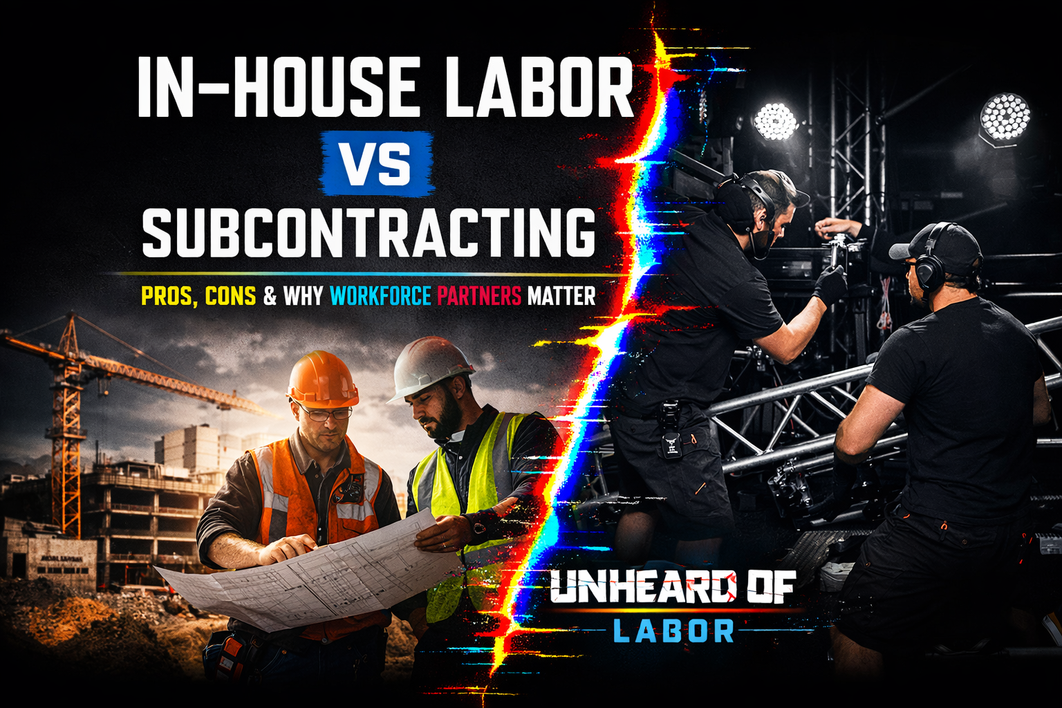Construction managers reviewing blueprints beside event production crew building a stage with neon glitch divide representing in-house labor vs subcontracted workforce support.